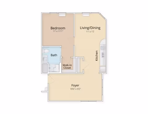 Floor plan of a one-bedroom apartment showing a bedroom, living/dining area, kitchen, bathroom, walk-in closet, and foyer.