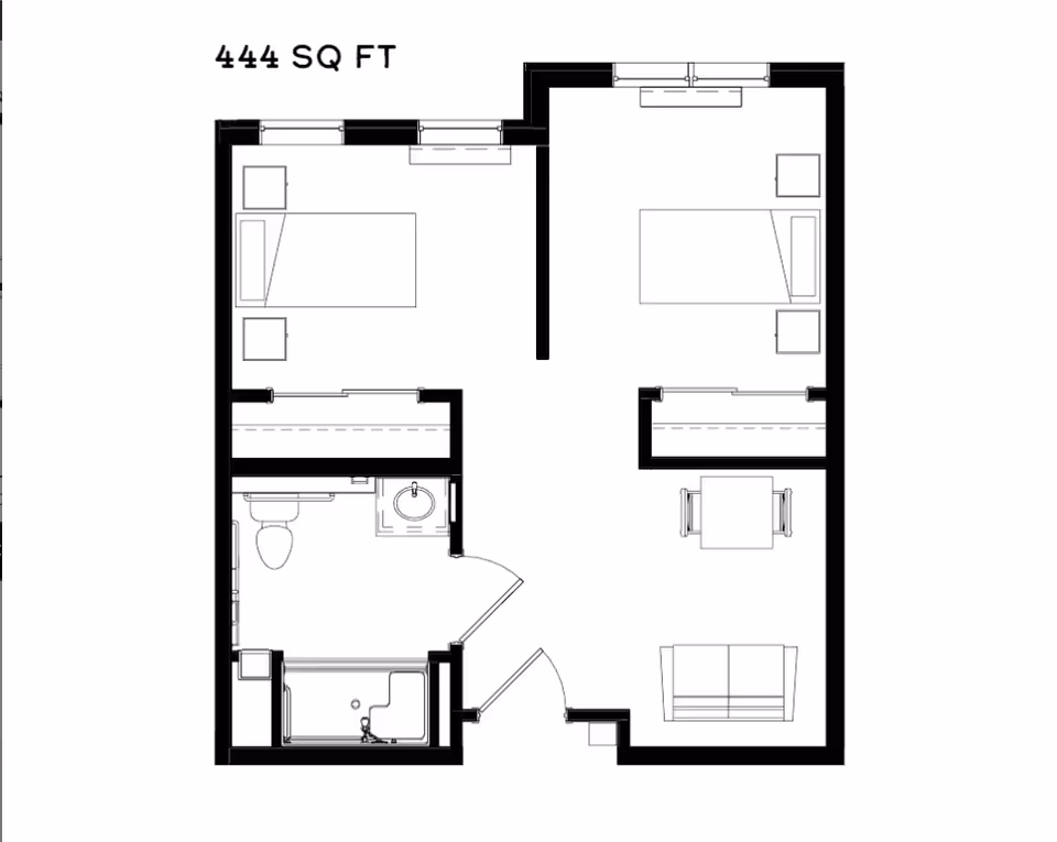 Architectural floor plan of a 444 square feet living space showing two bedrooms, a bathroom with a toilet, sink, and bathtub, and a living area with a sofa and a small dining table with two chairs.