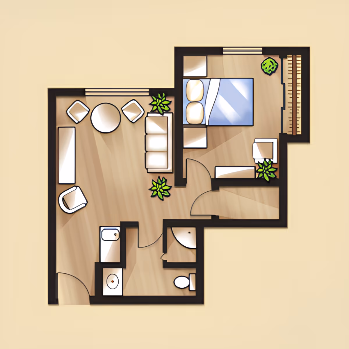 Floor plan of a small apartment unit showing a living room with sofa, chairs, and a round table, a bedroom with a bed and dresser, and a bathroom with a toilet, sink, and shower.