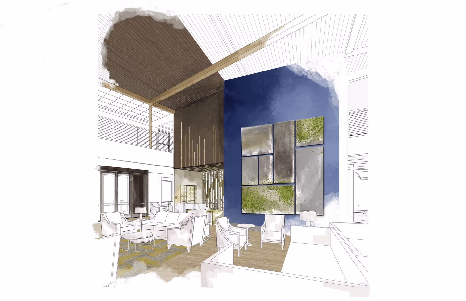 Artistic rendering of a modern living room area with white sofas and armchairs arranged around small tables. The room features a high ceiling with wooden beams, a large blue accent wall with abstract panel artwork, and a mix of open and enclosed spaces.