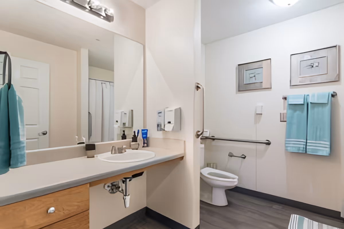 Accessible bathroom featuring a sink and large mirror, toilet with grab bars, and teal towels on a wall rack.