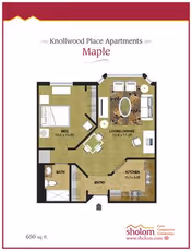 Colored one-bedroom floor plan labeled 'Knollwood Place Apartments Maple' showing a living/dining area, kitchen, bedroom, and bathroom.