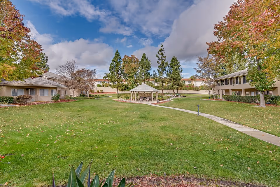 A spacious outdoor area at Arcadia Place Senior Living featuring a well-maintained green lawn, a paved walkway, a gazebo with seating, and surrounding trees with autumn foliage. Residential buildings are visible on both sides under a partly cloudy sky.
