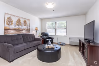 A living room with a gray sofa, a black leather armchair, a round black ottoman coffee table, a wooden TV stand with a flat-screen TV, a floor lamp, and a large window letting in natural light. There is a painting of trees on the wall above the sofa.