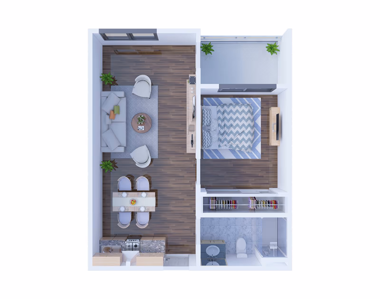Top-down 3D floor plan of a one-bedroom apartment with living room, dining area, kitchen, bedroom, bathroom, closet, and balcony.