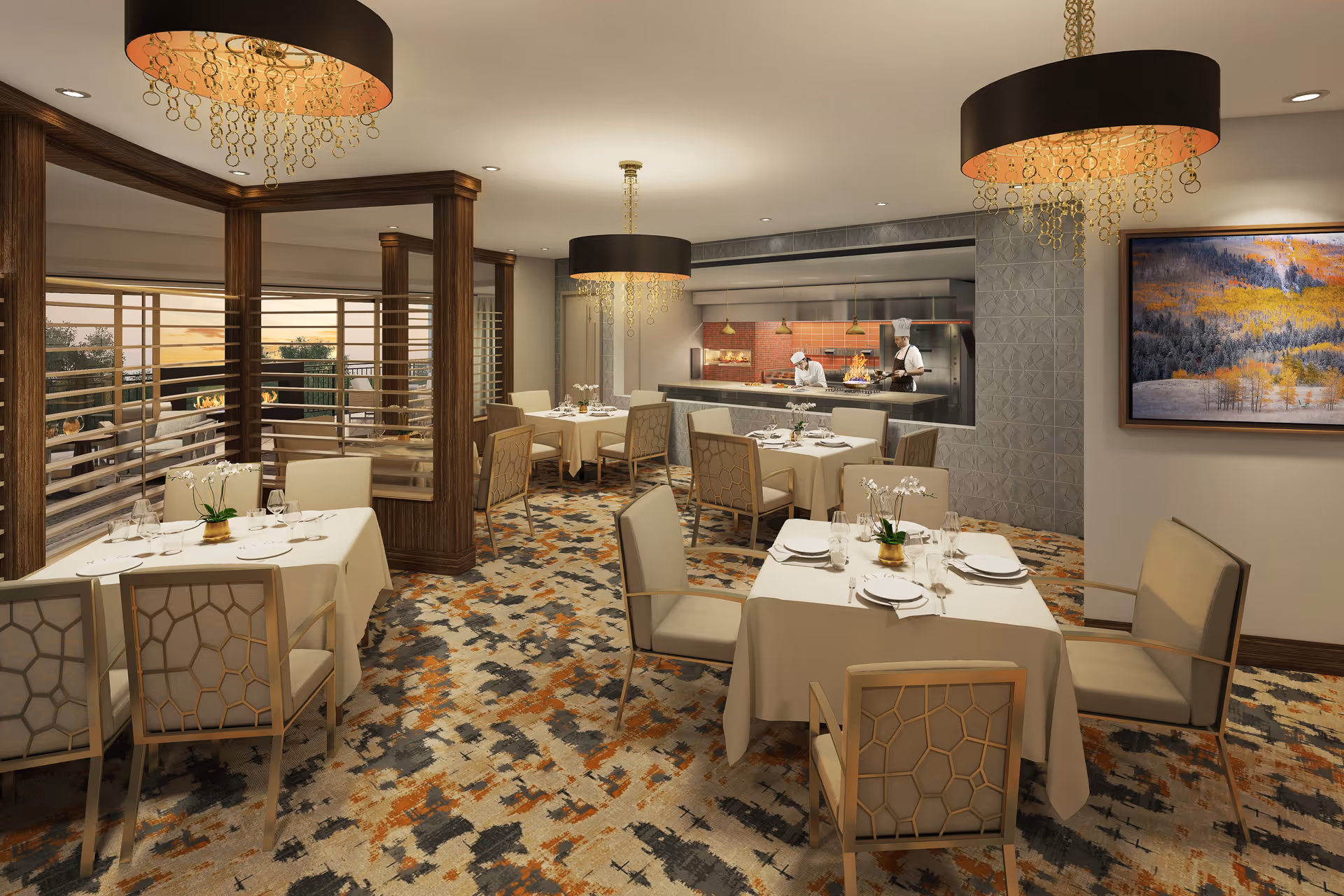 Elegant dining room with set tables and upholstered chairs, decorative chandeliers, patterned carpet, and an open kitchen with chefs in the background.