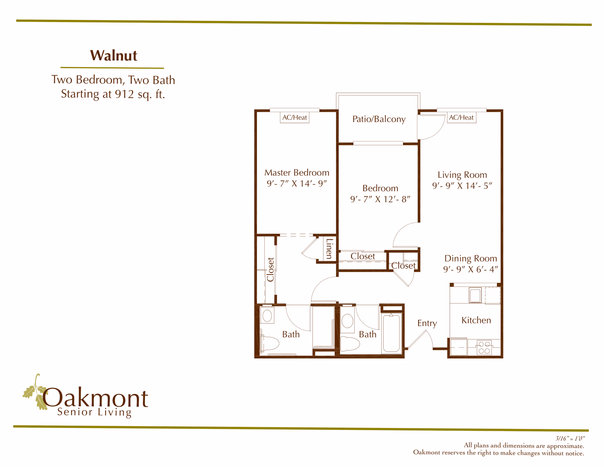 Floor plan of the Walnut apartment at Oakmont Senior Living, showing a two-bedroom, two-bath layout starting at 912 square feet. The plan includes a master bedroom, a second bedroom, two bathrooms, a living room, dining room, kitchen, patio/balcony, closets, and entry area.