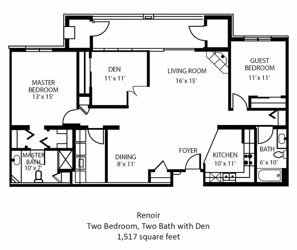 Floor plan of a two-bedroom, two-bath apartment with a den, living room, dining area, kitchen, and foyer. The master bedroom measures 13 by 15 feet with an attached master bath. The guest bedroom measures 11 by 11 feet with a nearby bathroom. The den is 11 by 11 feet, the living room is 16 by 15 feet, the dining area is 8 by 11 feet, and the kitchen is 10 by 11 feet. The total area is 1,517 square feet.