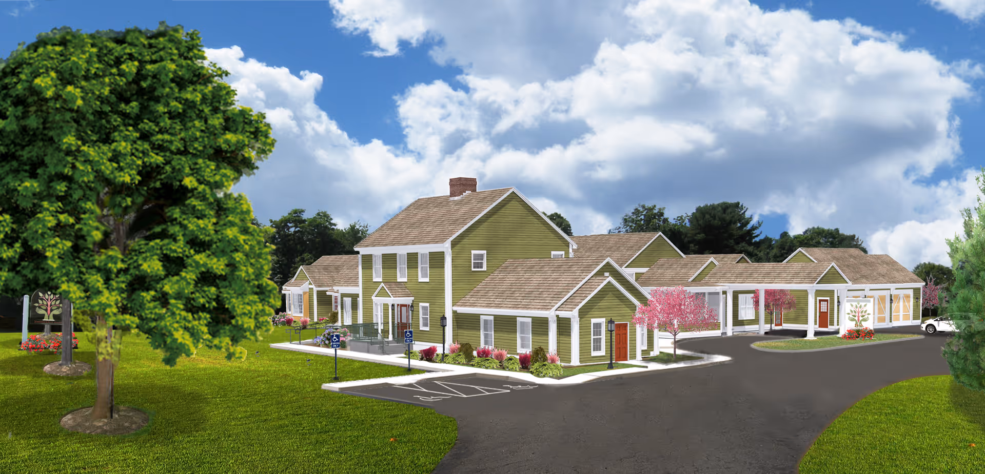Exterior rendering of a green multi-building senior living facility with landscaped lawns, parking spaces, and trees under a partly cloudy sky.