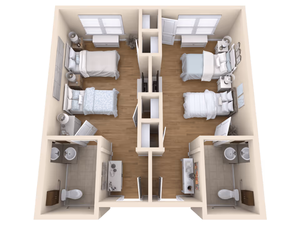 3D floor plan of a senior living facility unit at The Heritage at Twin Creeks showing two separate bedrooms, each with two beds, nightstands, dressers, and windows. Each bedroom has an attached bathroom with a toilet, sink, and shower. The unit has a central hallway with closets and two TVs mounted back-to-back.