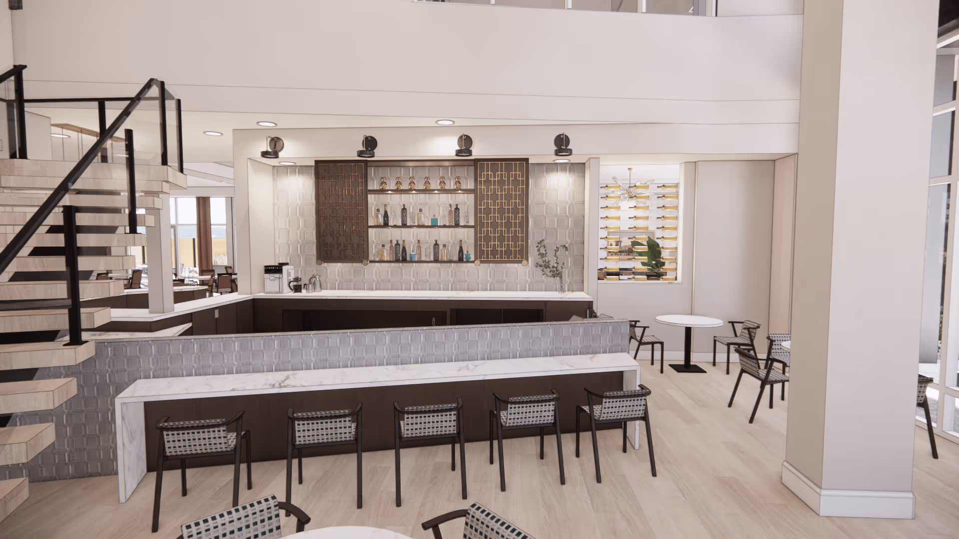 Modern interior space featuring a bar area with a marble countertop and six chairs. Behind the bar, there are shelves with various bottles and decorative items, flanked by two cabinets with geometric patterned doors. To the right, there is a small seating area with round tables and chairs, and a wall-mounted wine rack with bottles. A staircase with wooden steps and black railing is visible on the left side. The space has light wood flooring and neutral-colored walls.