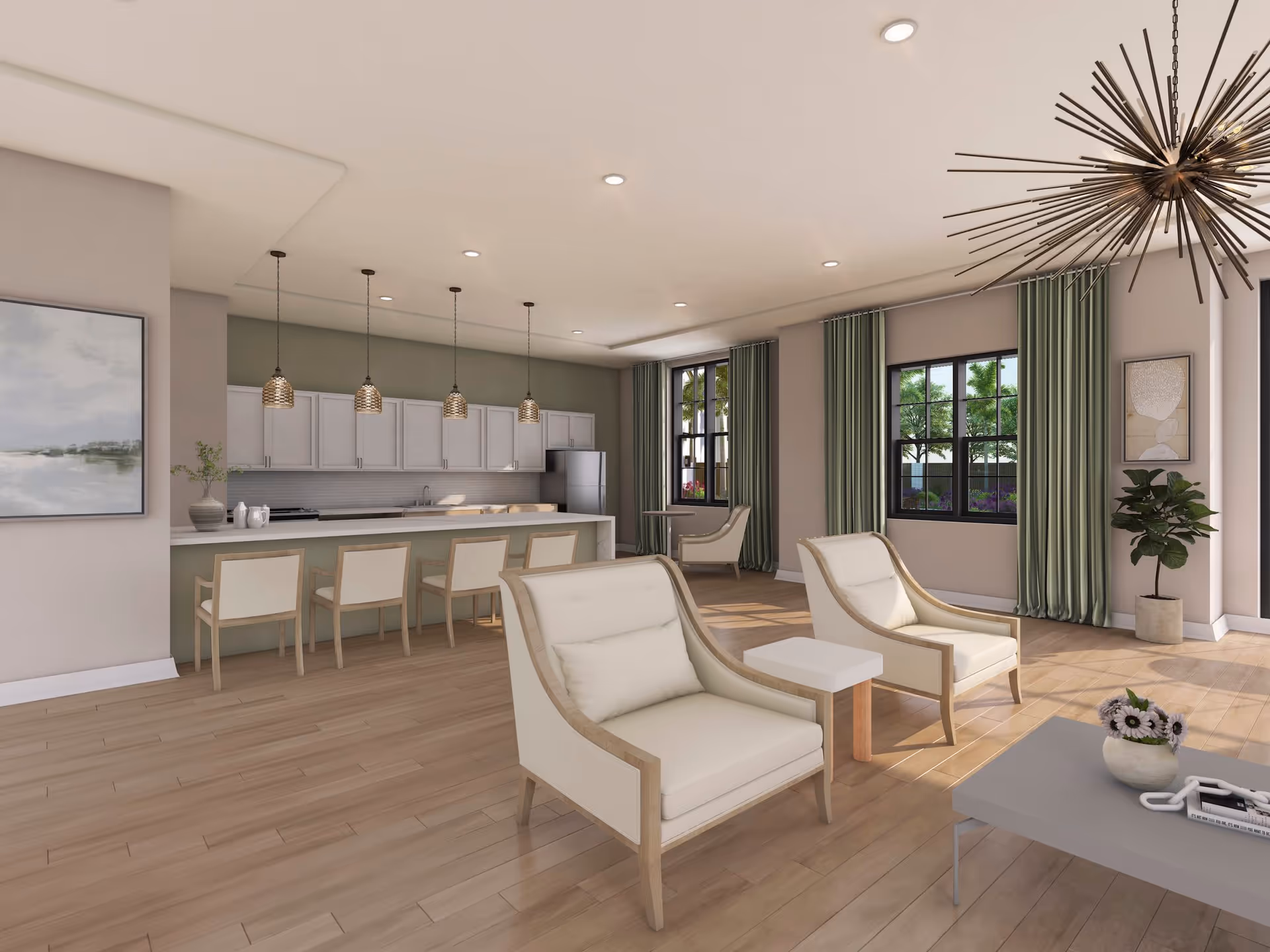 Open living room and kitchen area with armchairs, a long island with bar stools, pendant lights, and large windows with green curtains.