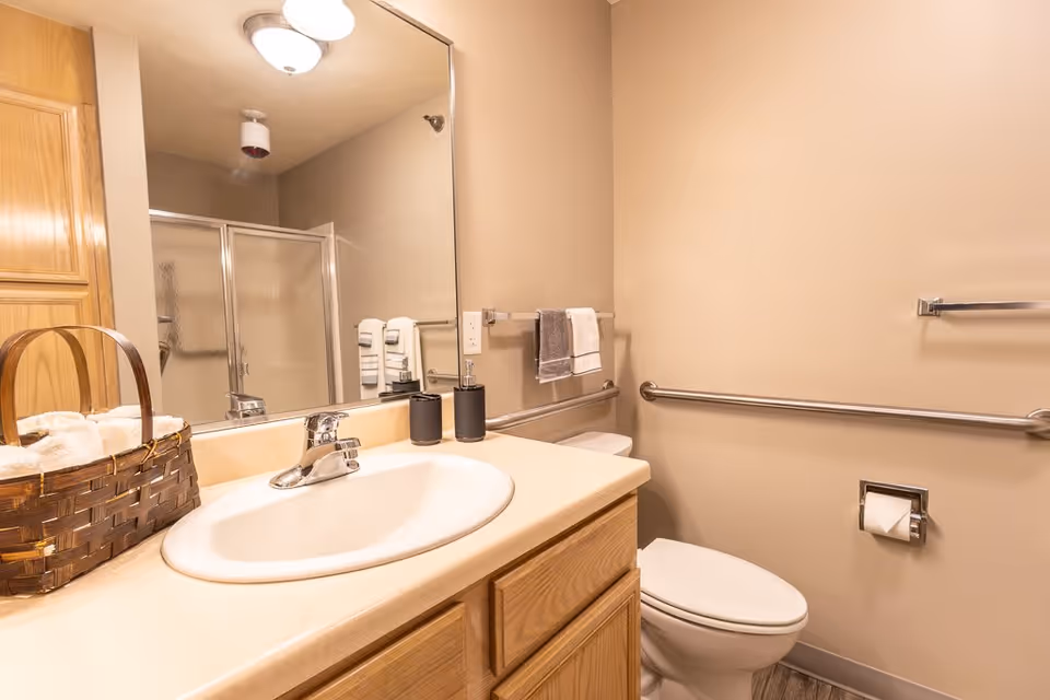 A clean and well-lit bathroom featuring a sink with a chrome faucet set in a beige countertop, a large mirror above the sink, a wicker basket with rolled towels on the counter, a toilet with a toilet paper holder on the wall, grab bars for accessibility, and a glass-enclosed shower in the background.
