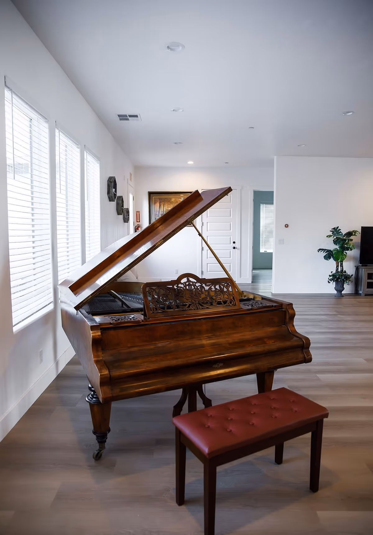 A spacious, well-lit room with a wooden grand piano and a red cushioned piano bench. The room has light-colored walls and flooring, large windows with white blinds, a potted plant, a TV on a stand, and a white door in the background.