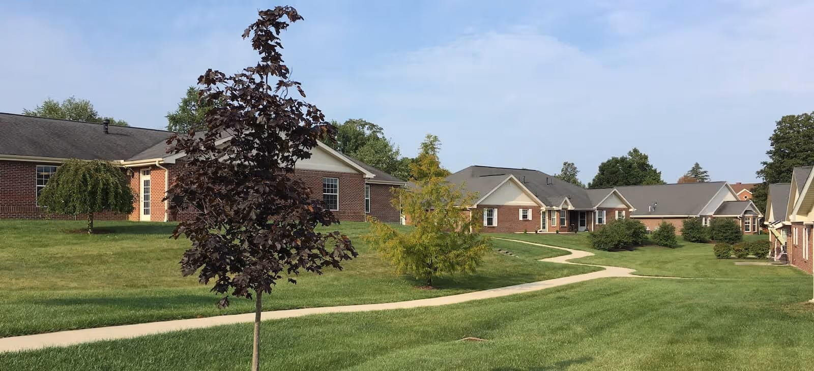 Green lawn with a winding sidewalk and small trees in front of single-story brick senior living buildings under a clear sky.