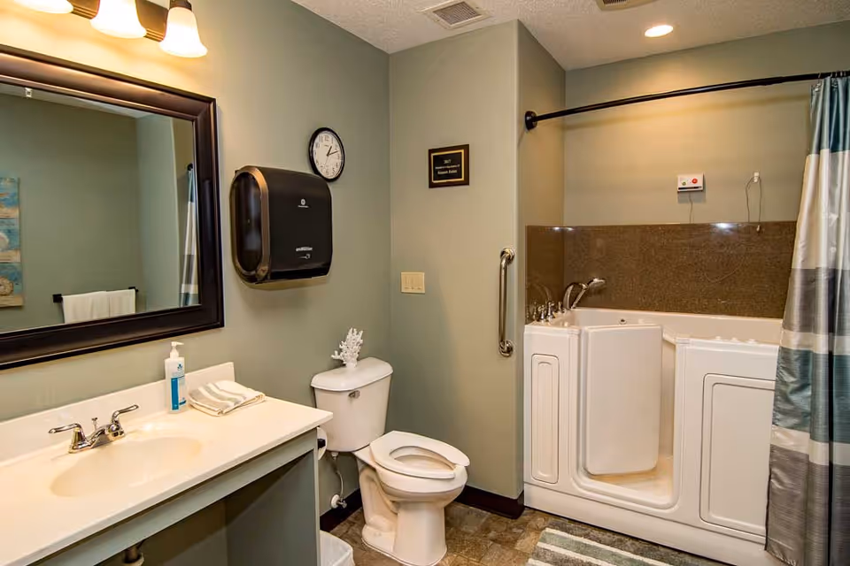 A bathroom with a white sink and countertop, a large mirror above the sink, a toilet with a decorative item on top, a wall-mounted paper towel dispenser, a clock, and a walk-in bathtub with a safety grab bar and a shower curtain.