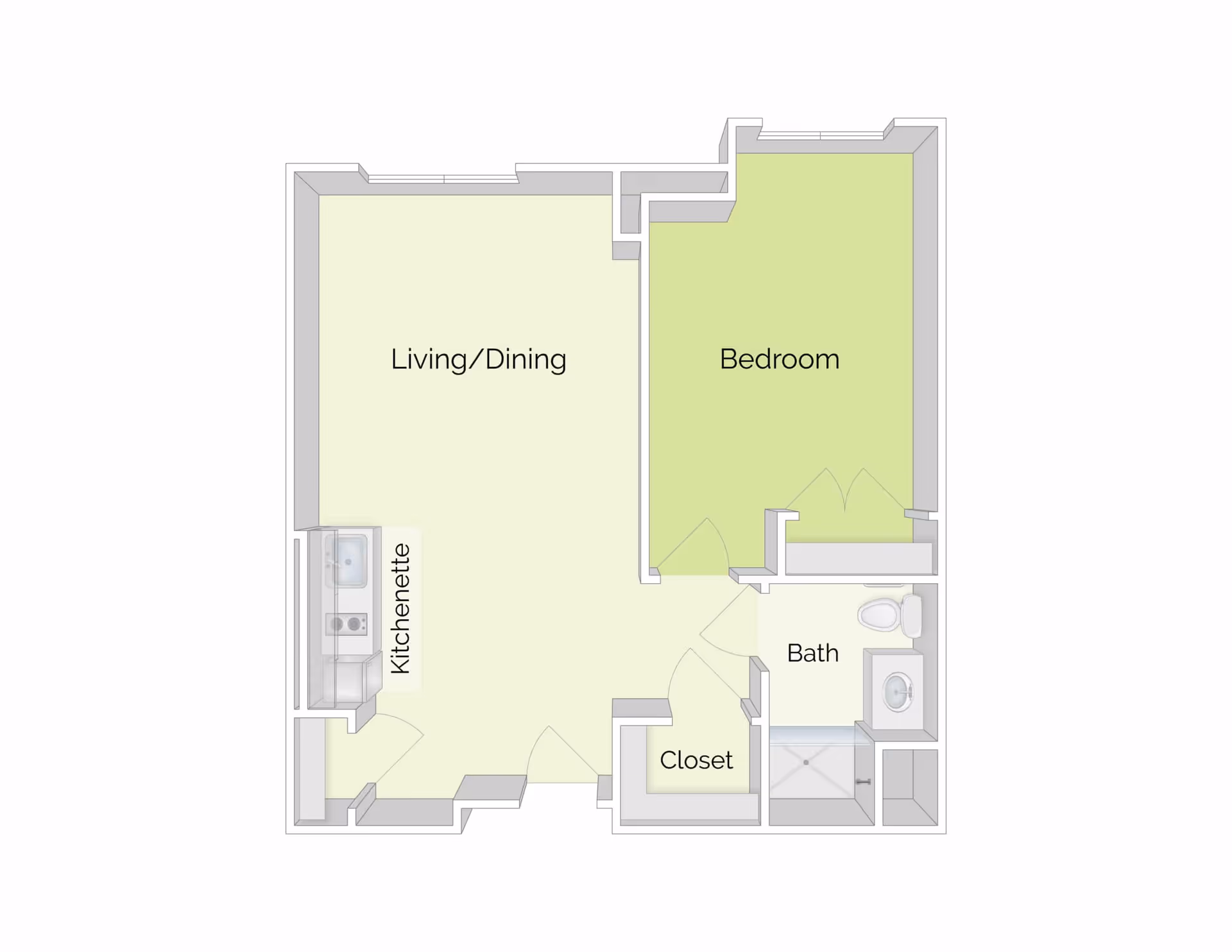 One-bedroom apartment floor plan showing a living/dining area, bedroom, kitchenette, bath, and closet.