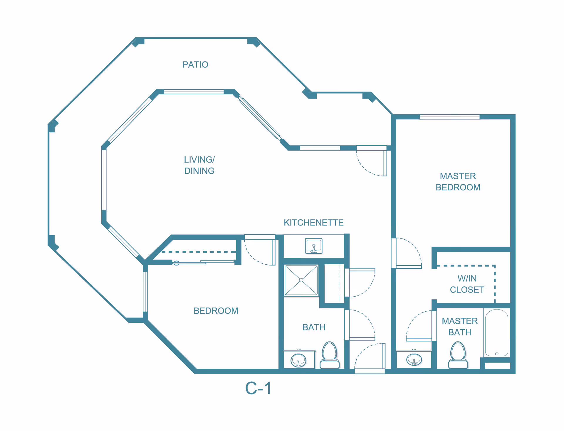 Architectural floor plan of a senior living unit labeled C-1, showing a patio, living/dining area, kitchenette, two bedrooms including a master bedroom with walk-in closet, a bath, and a master bath.
