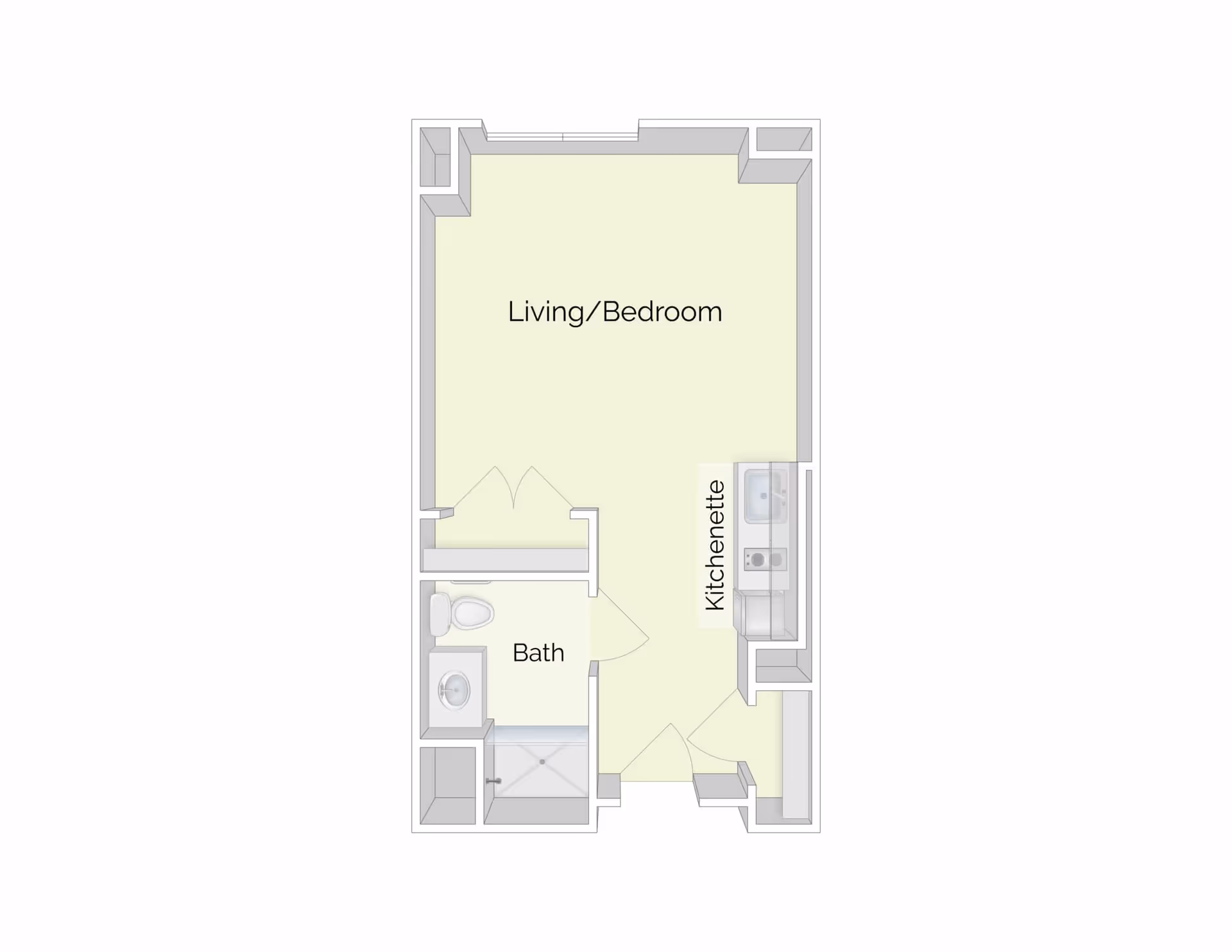 Floor plan of a small apartment unit showing a combined living and bedroom area, a kitchenette, and a bathroom with a toilet, sink, and shower.