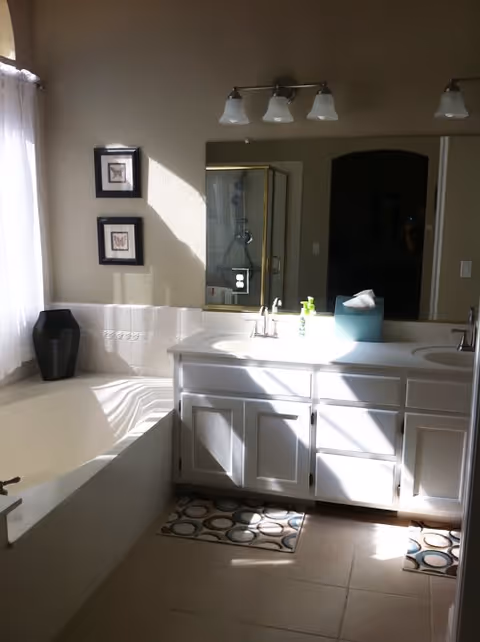 A bright bathroom with a white bathtub on the left, a black vase on the tub ledge, two framed butterfly pictures on the wall, a double sink vanity with white cabinets and silver faucets, a large mirror above the sinks, a tissue box and soap dispenser on the counter, and a glass-enclosed shower reflected in the mirror.