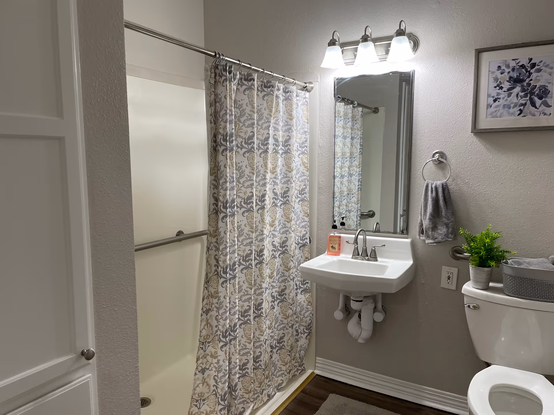 A clean bathroom featuring a shower with a patterned curtain, a white wall-mounted sink with a mirror and three-light fixture above it, a hand towel on a ring holder, a toilet with a small green plant and a basket on top, and a framed floral artwork on the wall.