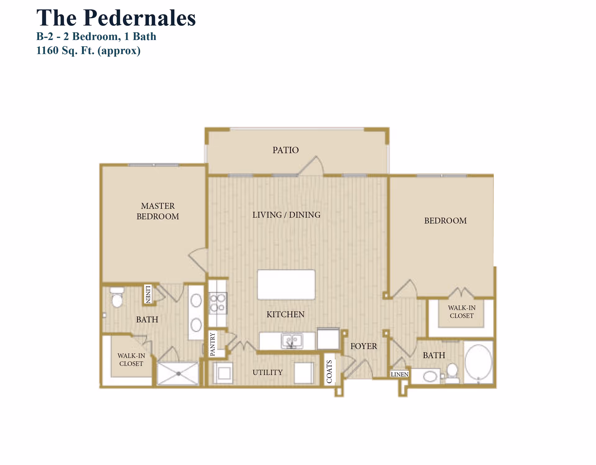 Floor plan titled The Pedernales showing a 2 bedroom, 1 bath layout with approximately 1160 square feet. The plan includes a master bedroom with walk-in closet and bath, a second bedroom with walk-in closet, a second bath, a kitchen with pantry and utility area, a living/dining area, a foyer, and a patio.
