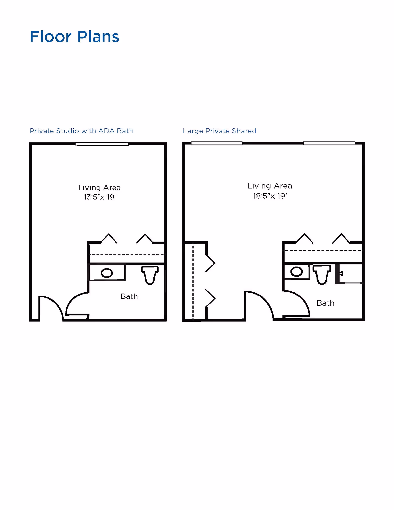 Floor plans for two types of living spaces at Brookdale Oak Hollow. The first is a Private Studio with ADA Bath featuring a living area measuring 13 feet 5 inches by 19 feet and a bathroom. The second is a Large Private Shared unit with a living area measuring 18 feet 5 inches by 19 feet and a bathroom. Both layouts show entry doors, living areas, and bathrooms with fixtures.