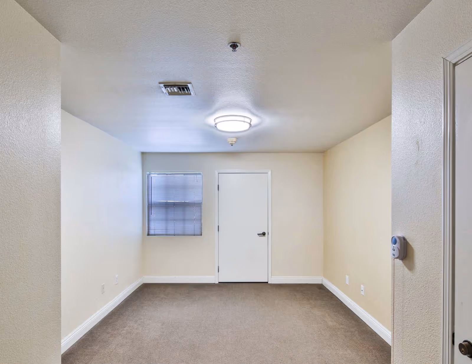 Empty room with beige walls and carpeted floor, a small window with closed blinds on the left wall, a white door in the center of the far wall, and a ceiling light fixture.