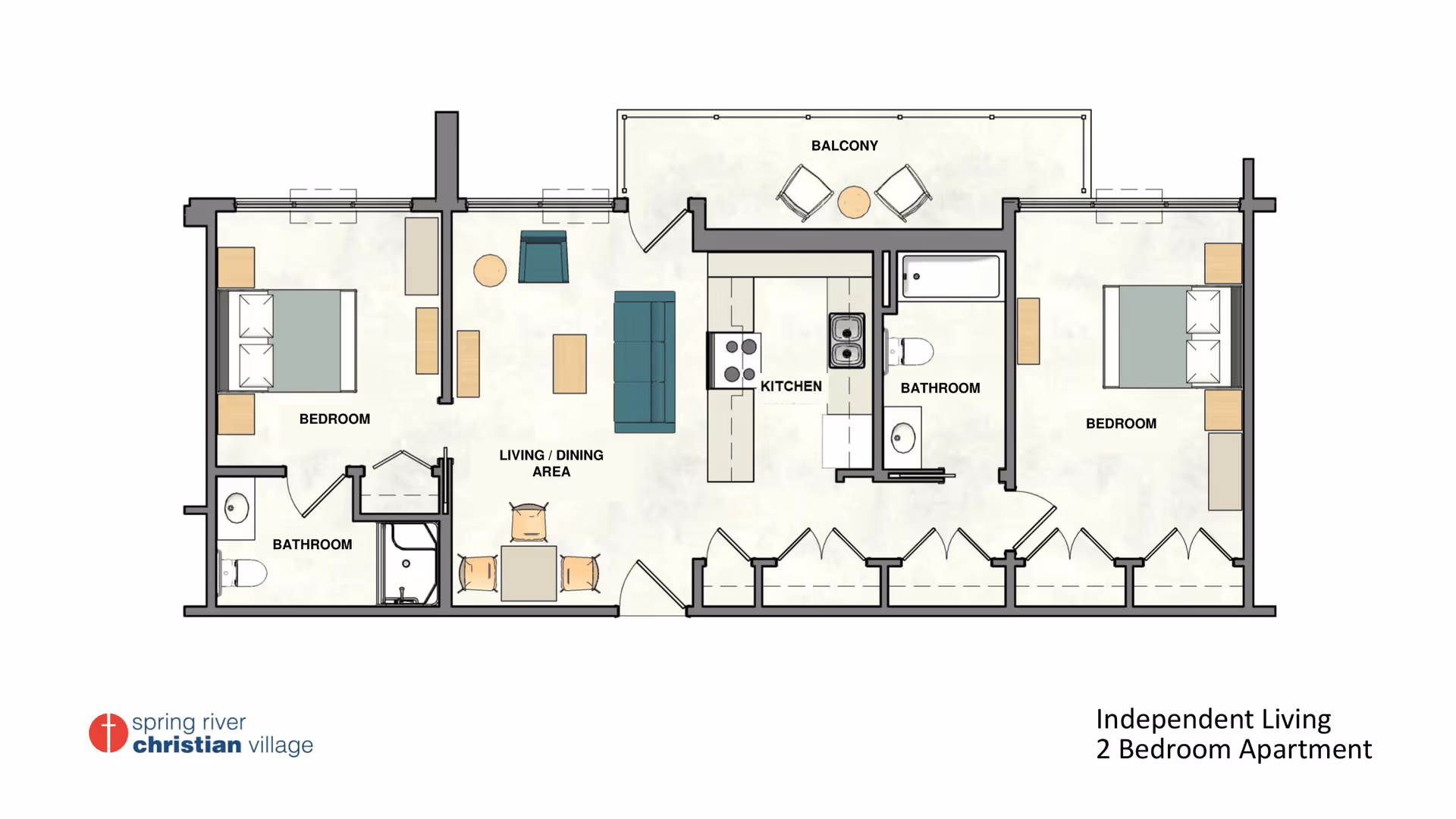 Floor plan of an independent living 2 bedroom apartment showing two bedrooms, two bathrooms, a living/dining area, a kitchen, and a balcony. The layout includes furniture placement such as beds, sofas, chairs, tables, and kitchen appliances.