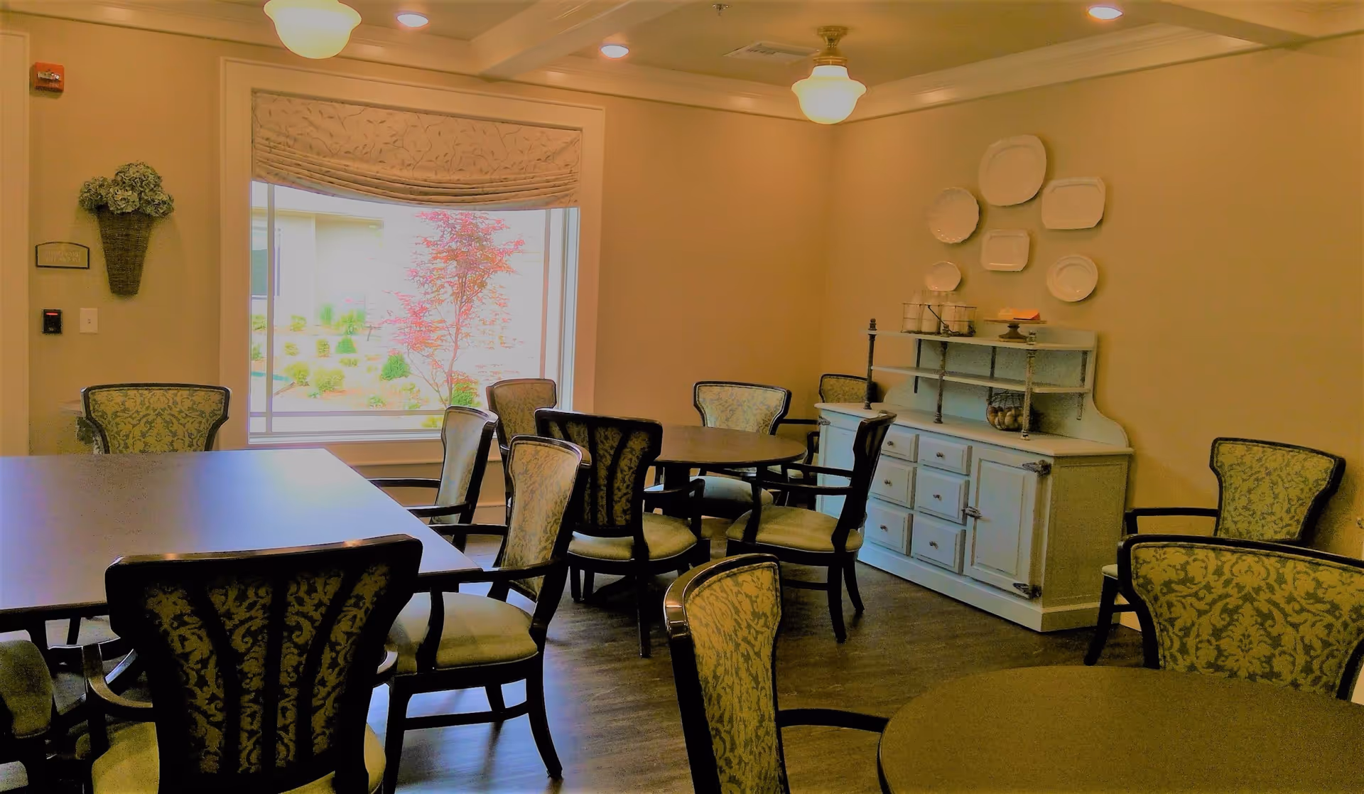 A dining room with multiple round and rectangular tables surrounded by upholstered chairs with patterned fabric. A large window with a decorative blind shows a view of a small tree and shrubs outside. On the right wall, there is a white sideboard with decorative plates arranged above it. The room has warm lighting from ceiling fixtures and wooden flooring.