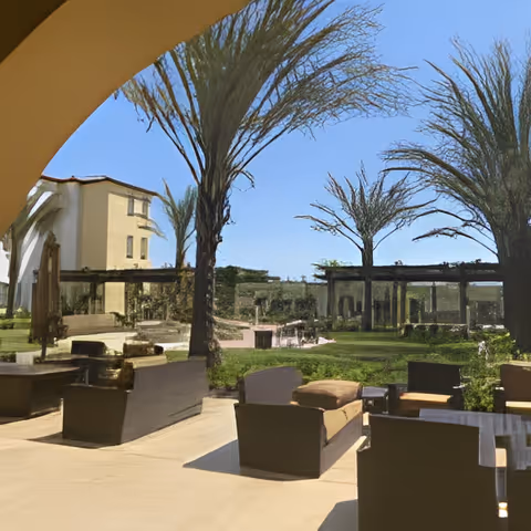 Outdoor patio with lounge seating, palm trees, a grassy courtyard and a building in the background.