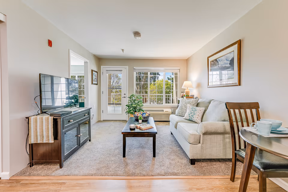 A bright and cozy living room in a senior living facility featuring a light gray sofa with patterned pillows, a wooden coffee table with a plant and an open book, a TV on a dark wooden stand, a small round dining table with two chairs and place settings, and large windows and a glass door letting in natural light and showing greenery outside.