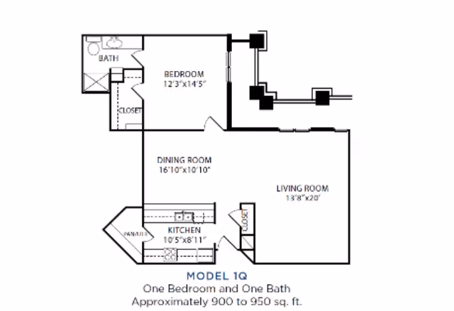 Floor plan of a one-bedroom, one-bath apartment model 1Q at The Forum at Park Lane, showing a bedroom, bathroom, dining room, kitchen, and living room with approximate dimensions and total area of 900 to 950 square feet.