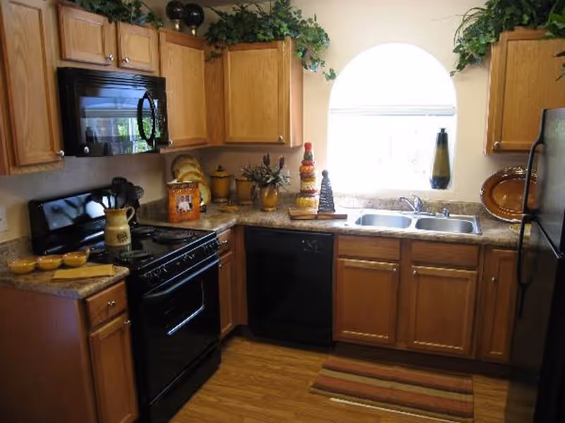 A kitchen with wooden cabinets, a black stove and microwave, a black dishwasher, a double sink under a window with an arched top, and a black refrigerator. The countertops have decorative items including bowls, a pitcher, a canister, and ornamental plants. There is a striped rug on the wooden floor.