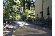 Outdoor patio area with a shuffleboard court, surrounded by trees and outdoor seating including chairs and a swing attached to the building wall.