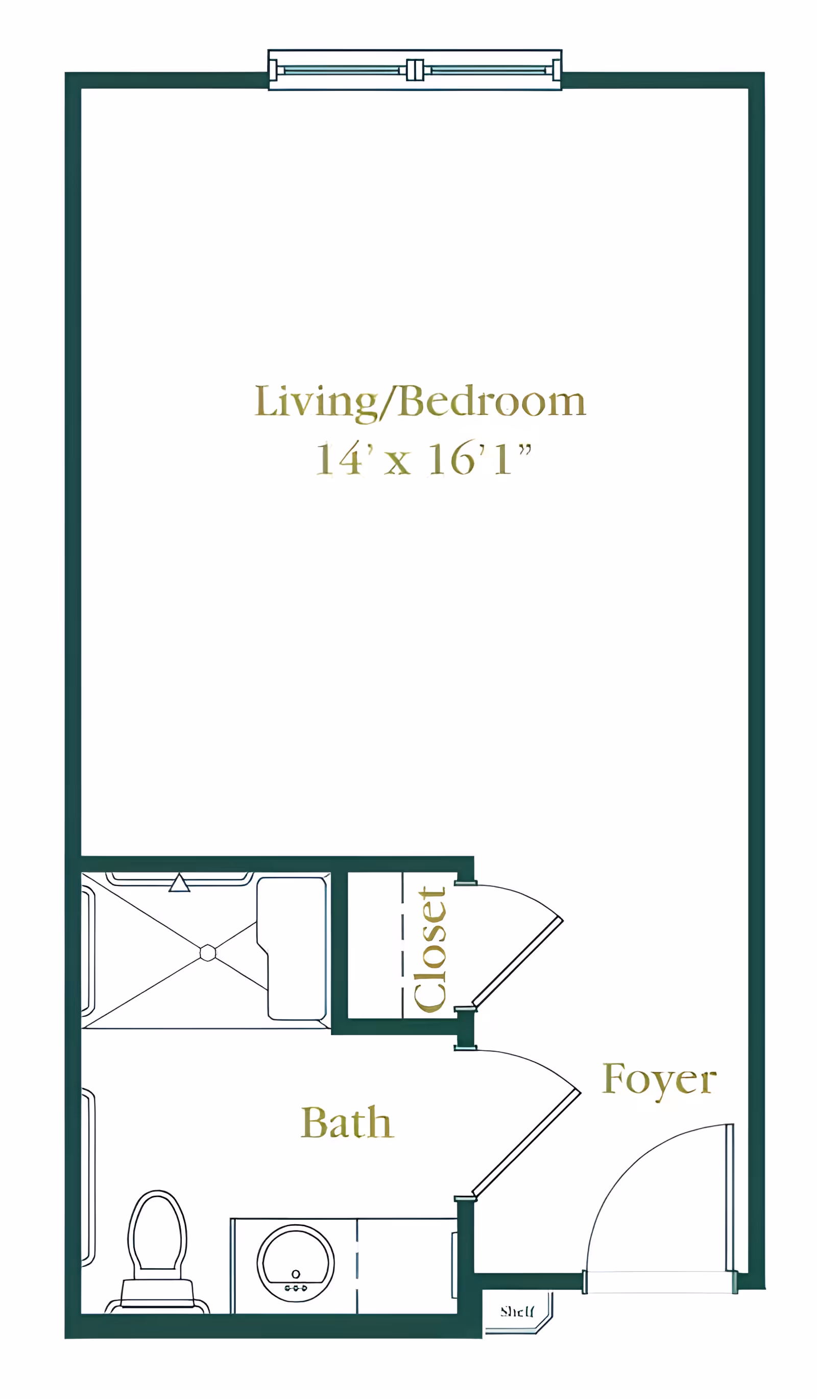 Floor plan of a living/bedroom area measuring 14 feet by 16 feet 1 inch, including a bath with a toilet, sink, and shower, a closet, and a foyer with an entry door.