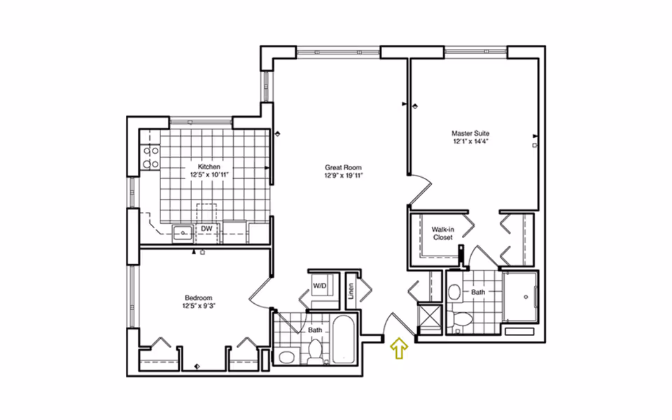Floor plan layout of a residential unit at The Springs at Monarch Landing showing a kitchen, great room, master suite with walk-in closet and bath, a second bedroom, a second bath, linen closet, and washer/dryer area.