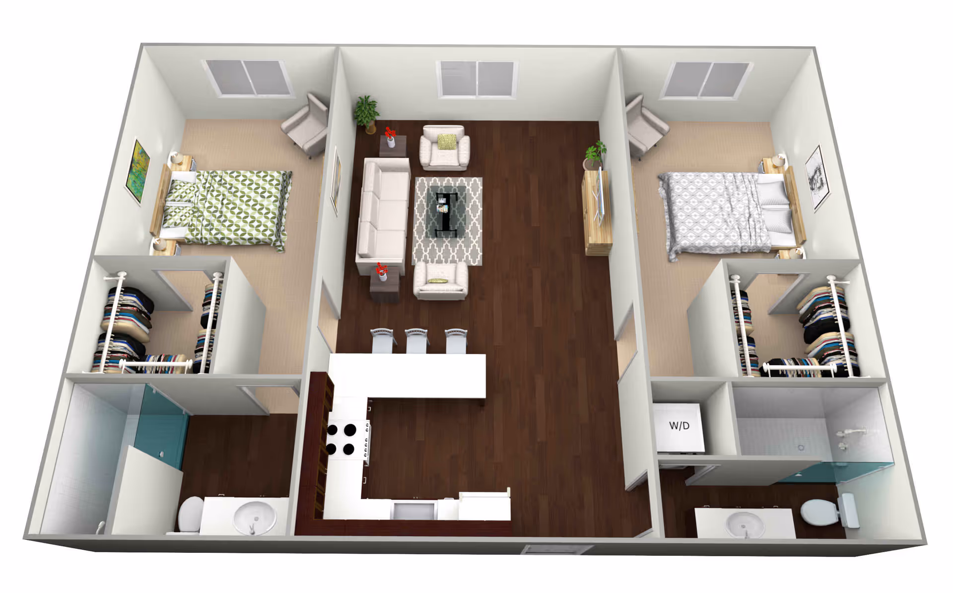 3D floor plan of an apartment at Ivy Park at Milpitas showing two bedrooms each with a bed, nightstands, a chair, and a walk-in closet. The center area includes a living room with a sofa, two armchairs, a coffee table, and a TV stand. The kitchen has a stove, sink, and a breakfast bar with three stools. There are two bathrooms, one near each bedroom, and a washer/dryer closet near the right bathroom.
