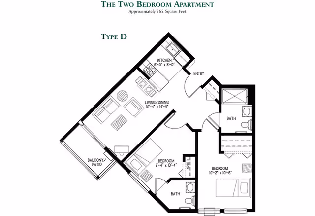 Floor plan of a two-bedroom apartment, approximately 765 square feet, labeled Type D. The layout includes a kitchen, living/dining area, two bedrooms, two bathrooms, and a balcony/patio. The kitchen measures 6 feet by 8 feet, the living/dining area is 10 feet 4 inches by 14 feet 5 inches, one bedroom is 8 feet 4 inches by 13 feet 4 inches, and the other bedroom is 10 feet 2 inches by 10 feet 6 inches. The entry is near the kitchen, and each bedroom has access to a bathroom.