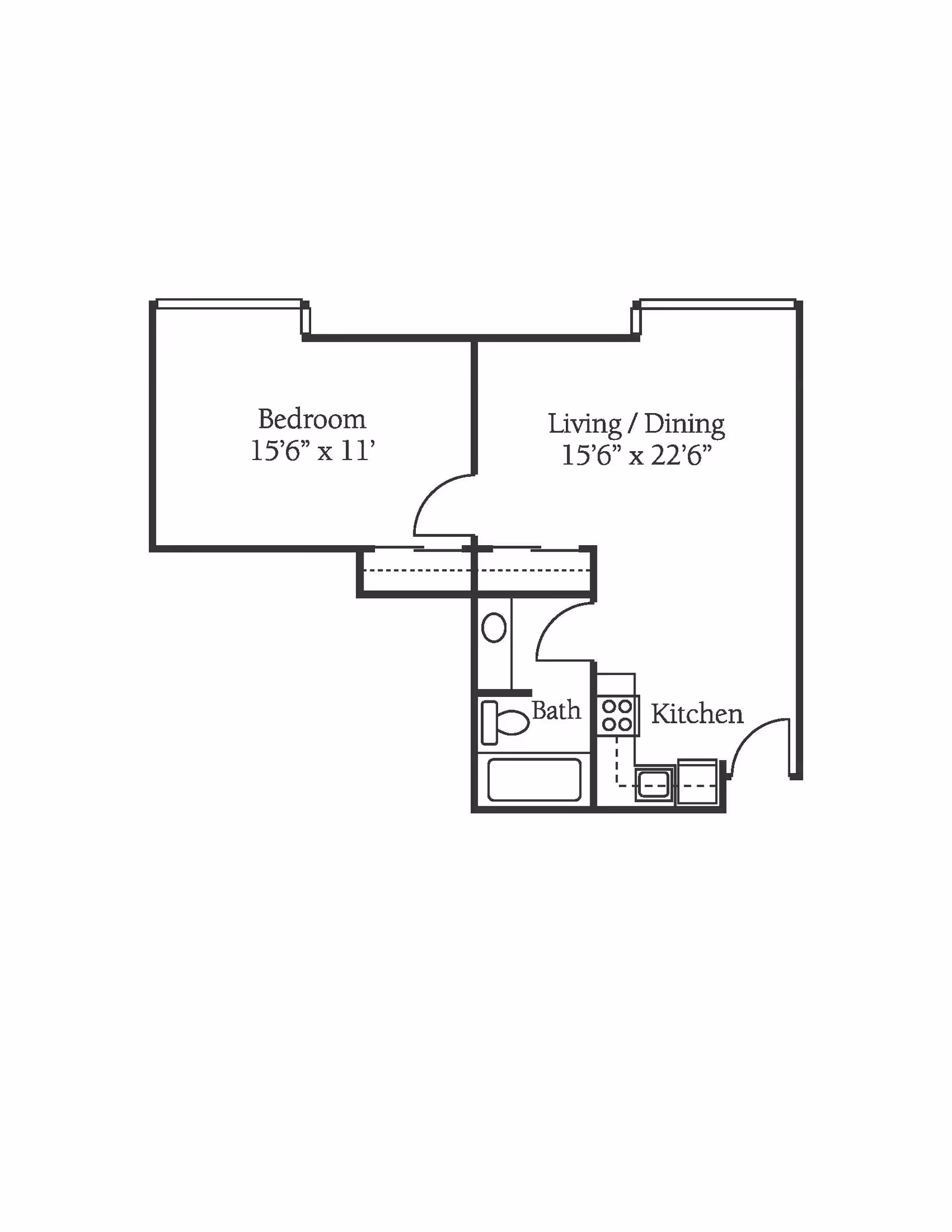 Floor plan of an apartment unit showing a bedroom measuring 15 feet 6 inches by 11 feet, a combined living and dining area measuring 15 feet 6 inches by 22 feet 6 inches, a bathroom, and a kitchen area.