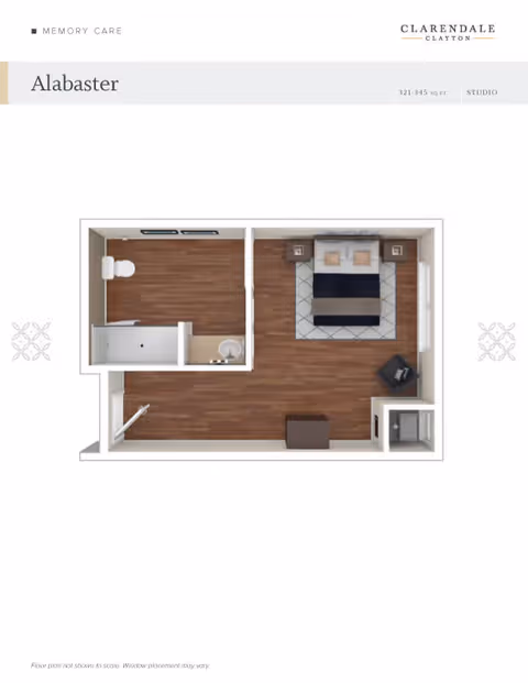 Floor plan of a studio apartment named Alabaster at Clarendale Clayton, showing a bedroom area with a bed, two nightstands, a chair, and a dresser. The layout also includes a bathroom with a toilet, shower, and sink. The flooring is wood throughout.