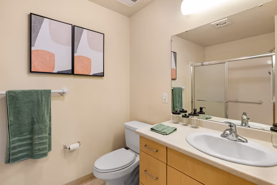A clean bathroom featuring a toilet, a countertop with a sink, and a large mirror above the sink. On the countertop are three small containers and a folded green towel. A green towel hangs on a towel rack next to the toilet. Above the towel rack are two abstract art pieces with shades of orange, gray, and white. In the background, there is a shower with sliding glass doors.
