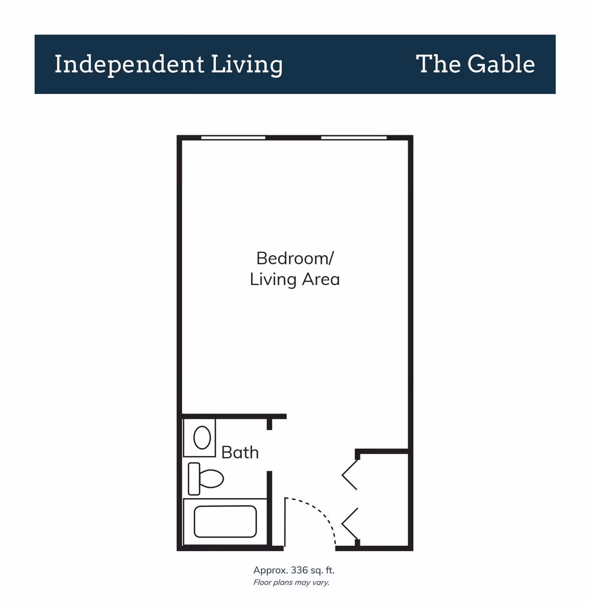 Floor plan layout titled 'Independent Living The Gable' showing a combined bedroom and living area, a bathroom with a toilet, sink, and bathtub, and an entry area with a closet. The total area is approximately 336 square feet.