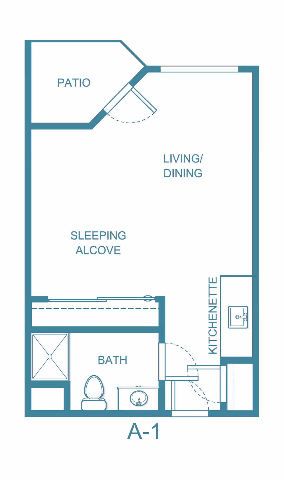 Floor plan of a studio apartment labeled A-1 at Greeley Place, showing a patio, living/dining area, sleeping alcove, kitchenette, and bathroom with shower, toilet, and sink.