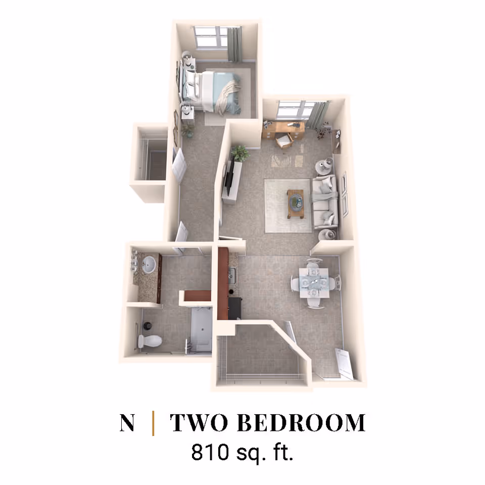 3D floor plan of a two-bedroom apartment with 810 square feet. The layout includes a bedroom with a bed and nightstands, a living room with a sofa, coffee table, TV, and desk, a dining area with a table and chairs, a kitchen with appliances and countertops, and a bathroom with a toilet, sink, and bathtub.