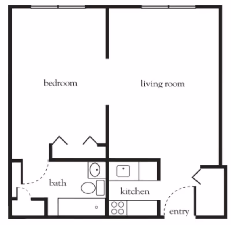 Floor plan layout of a one-bedroom apartment showing a bedroom, living room, kitchen, bathroom, and entry area.