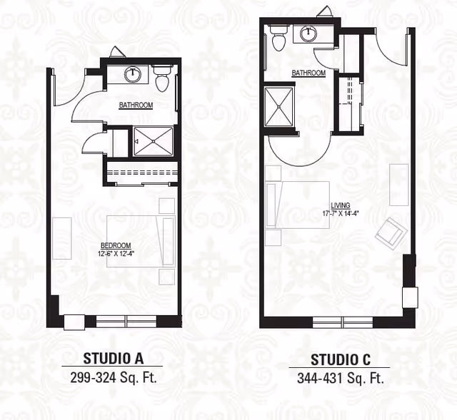 Architectural floor plans for two studio apartments labeled Studio A and Studio C at Heritage Lake Country Senior Living. Studio A includes a bedroom measuring 12'6" by 12'4" and a bathroom. Studio C includes a living area measuring 17'7" by 14'4" and a bathroom. Both layouts show doors, windows, and bathroom fixtures.