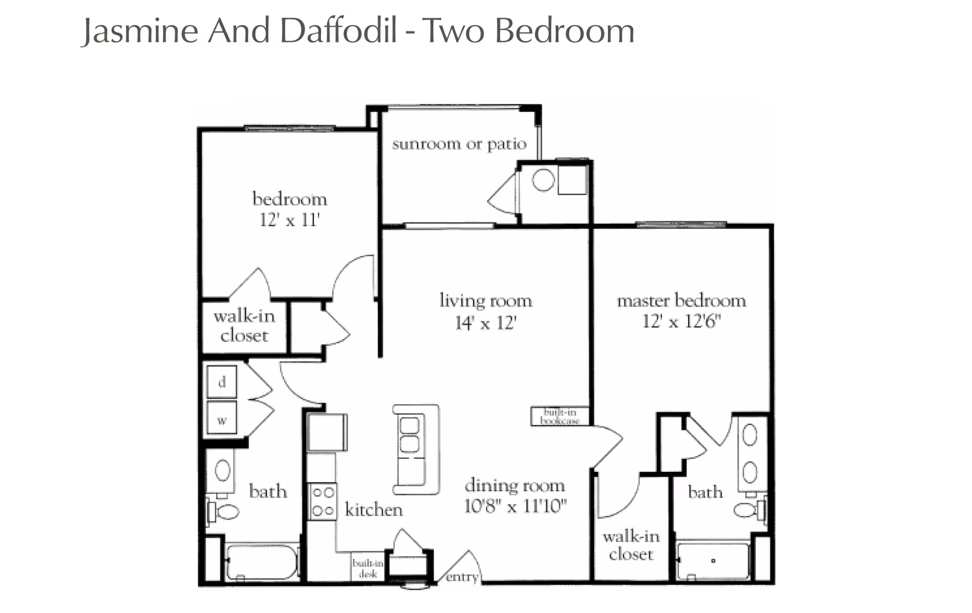 Floor plan of a two-bedroom apartment named Jasmine and Daffodil, showing a living room, dining room, kitchen, two bedrooms each with a walk-in closet, two bathrooms, and a sunroom or patio.