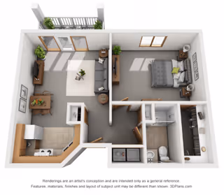3D floor plan of a one-bedroom apartment featuring a living room with a sofa, coffee table, TV, and dining table; a kitchen with appliances; a bedroom with a bed and nightstands; a bathroom with a shower, toilet, and sink; and a balcony with plants.