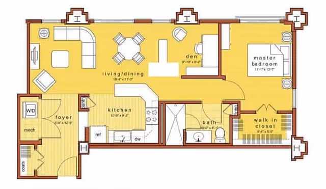 Floor plan of a residential unit at Bella Vita showing a foyer with washer/dryer and coat closet, a kitchen with refrigerator and dishwasher, a combined living and dining area with seating and a dining table, a den, a bathroom with shower, toilet, and sink, a master bedroom, and a walk-in closet.